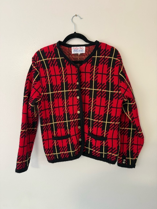 Vintage Tally Ho Red Plaid Knit Jacket with Black Trim 1980s Womens Medium - Picture 8 of 14